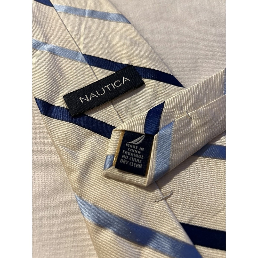 Nautica Blue White Stripes Woven Repp 100% Silk Tie Necktie Regimental